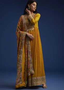 Yellow Chinon Embroidered Anarkali Set With Printed Dupatta