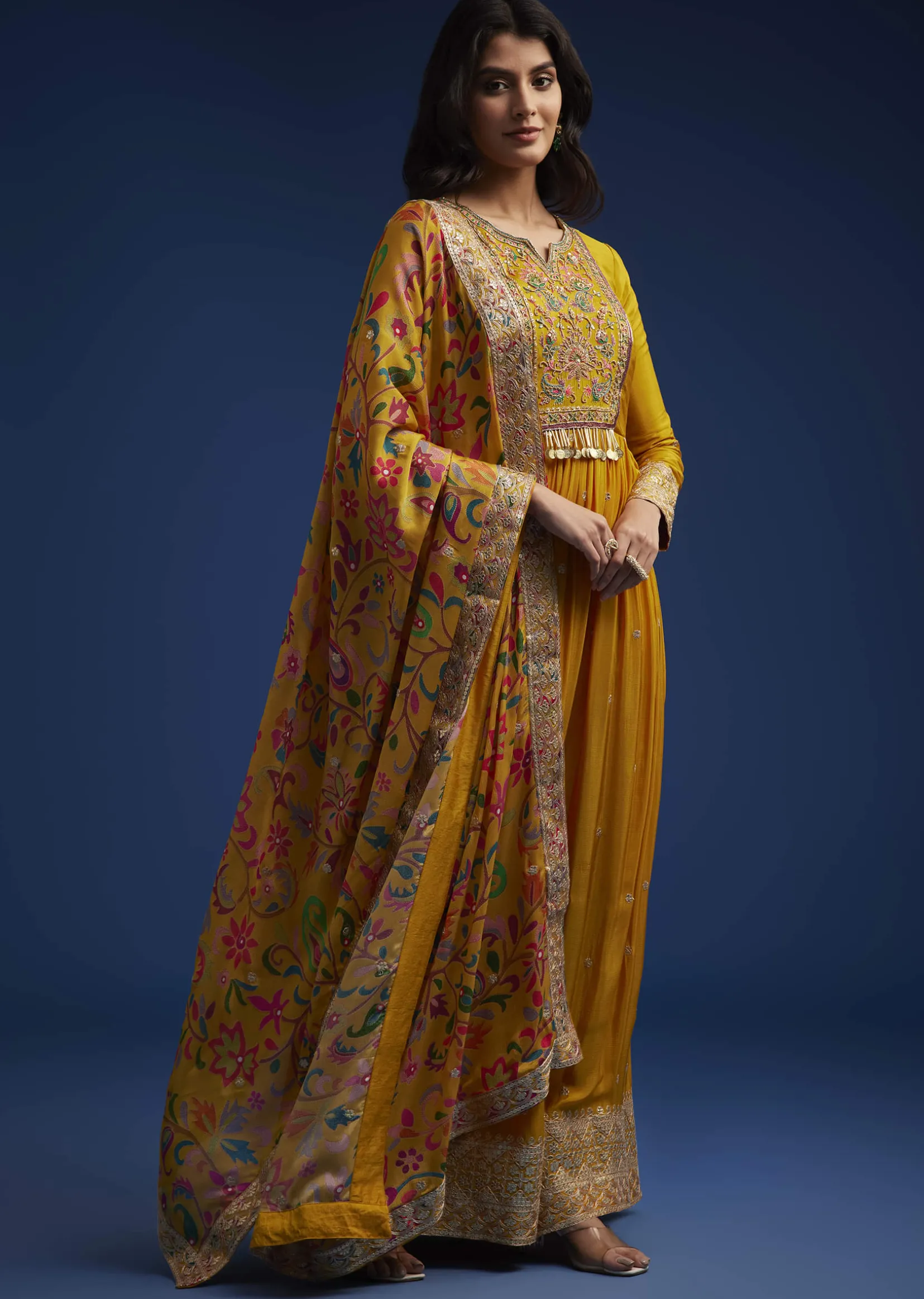 Yellow Chinon Embroidered Anarkali Set With Printed Dupatta
