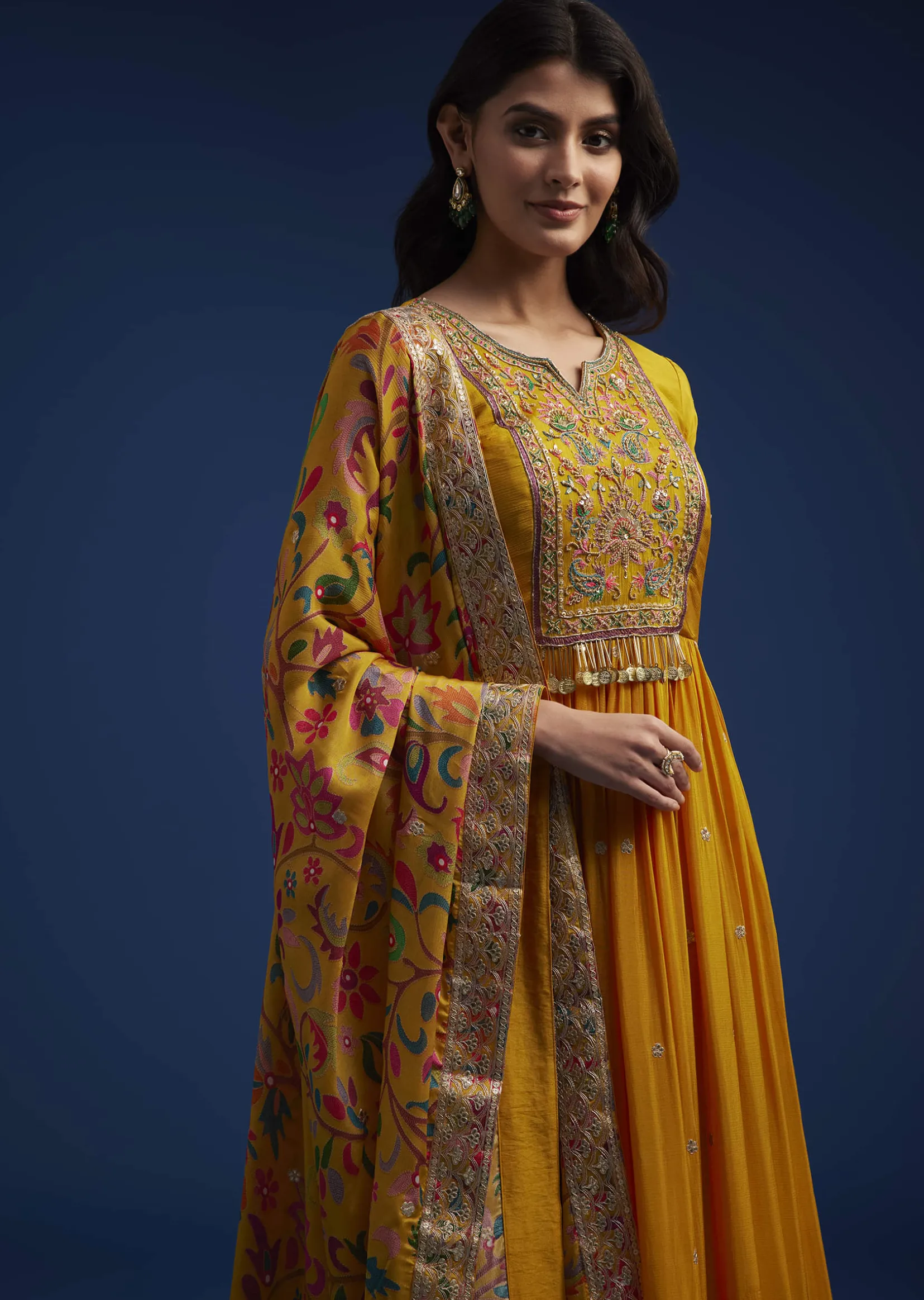 Yellow Chinon Embroidered Anarkali Set With Printed Dupatta