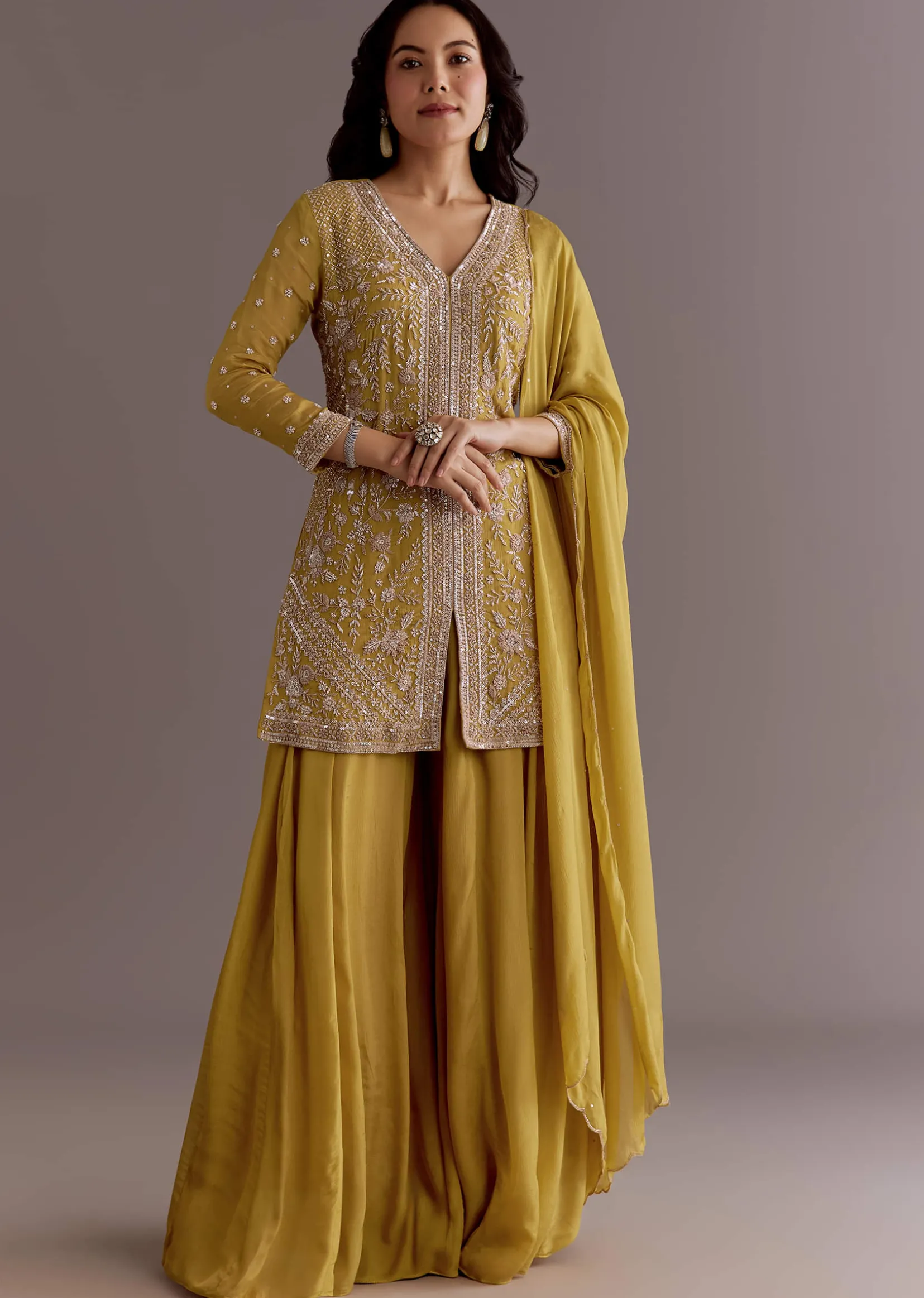 Yellow Chinon Embroidered Kurta Palazzo Suit With Dupatta