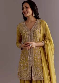Yellow Chinon Embroidered Kurta Palazzo Suit With Dupatta