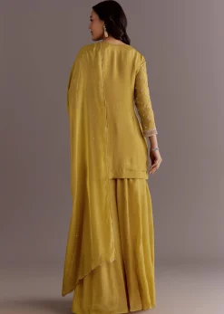Yellow Chinon Embroidered Kurta Palazzo Suit With Dupatta