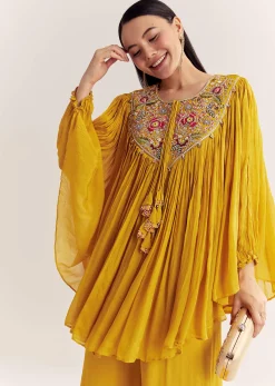 Yellow Chinon Kaftan Kurta Set With Zardosi And Thread Work