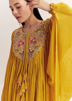 Yellow Chinon Kaftan Kurta Set With Zardosi And Thread Work