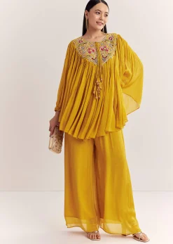 Yellow Chinon Kaftan Kurta Set With Zardosi And Thread Work