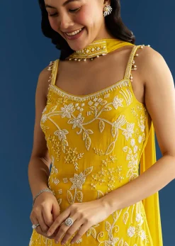 Yellow Chinon Kurta Palazzo Set With Choker Style Dupatta
