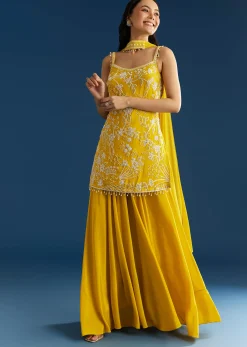 Yellow Chinon Kurta Palazzo Set With Choker Style Dupatta