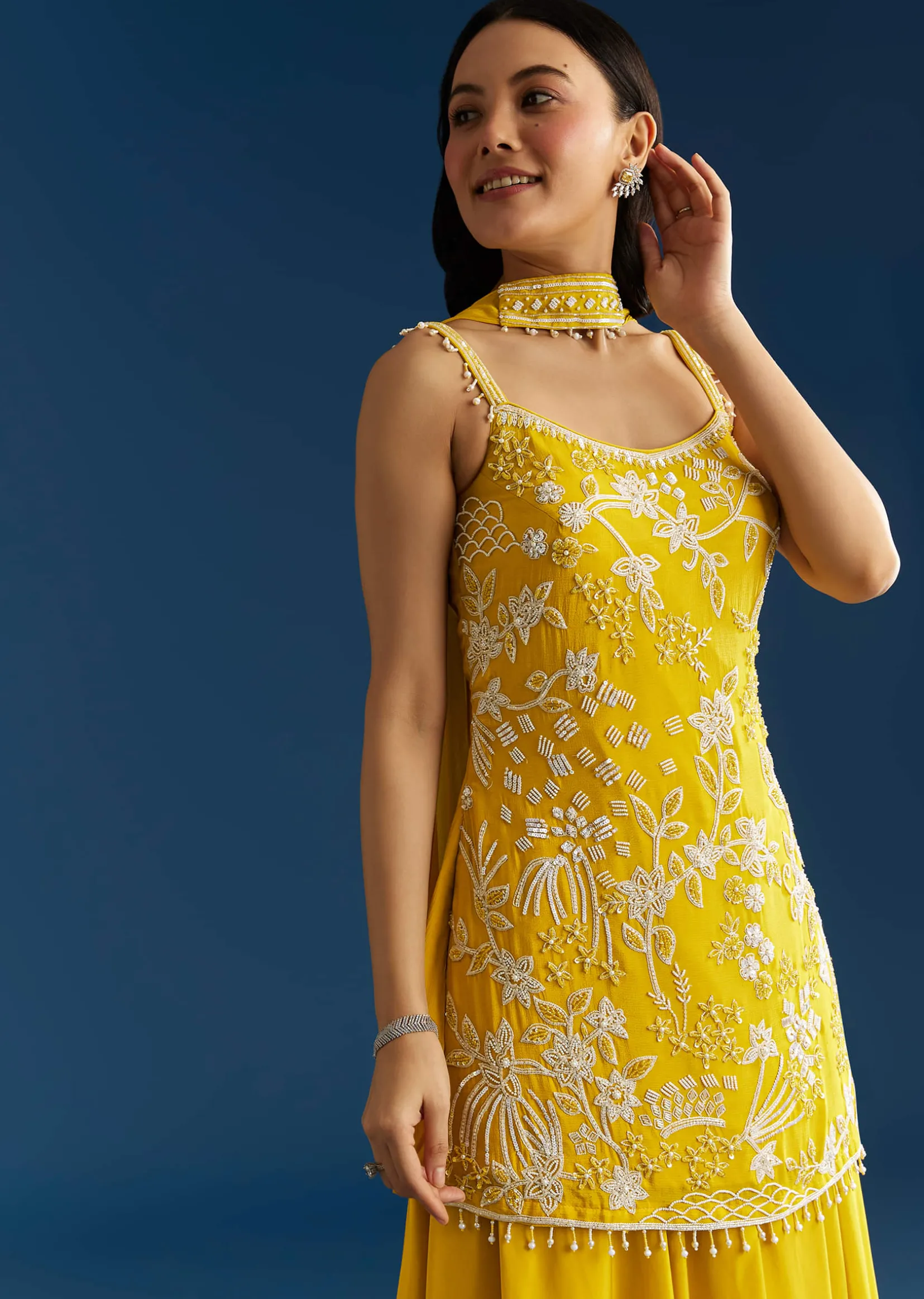Yellow Chinon Kurta Palazzo Set With Choker Style Dupatta