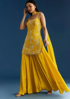 Yellow Chinon Kurta Palazzo Set With Choker Style Dupatta