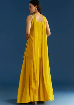 Yellow Chinon Kurta Palazzo Set With Choker Style Dupatta