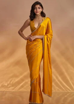 Yellow Chinon Saree With Cutdana Embroidery