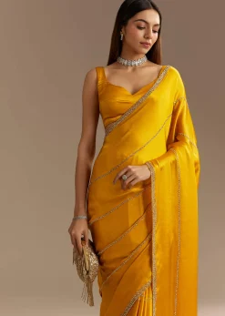 Yellow Chinon Saree With Cutdana Embroidery