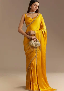 Yellow Chinon Saree With Cutdana Embroidery