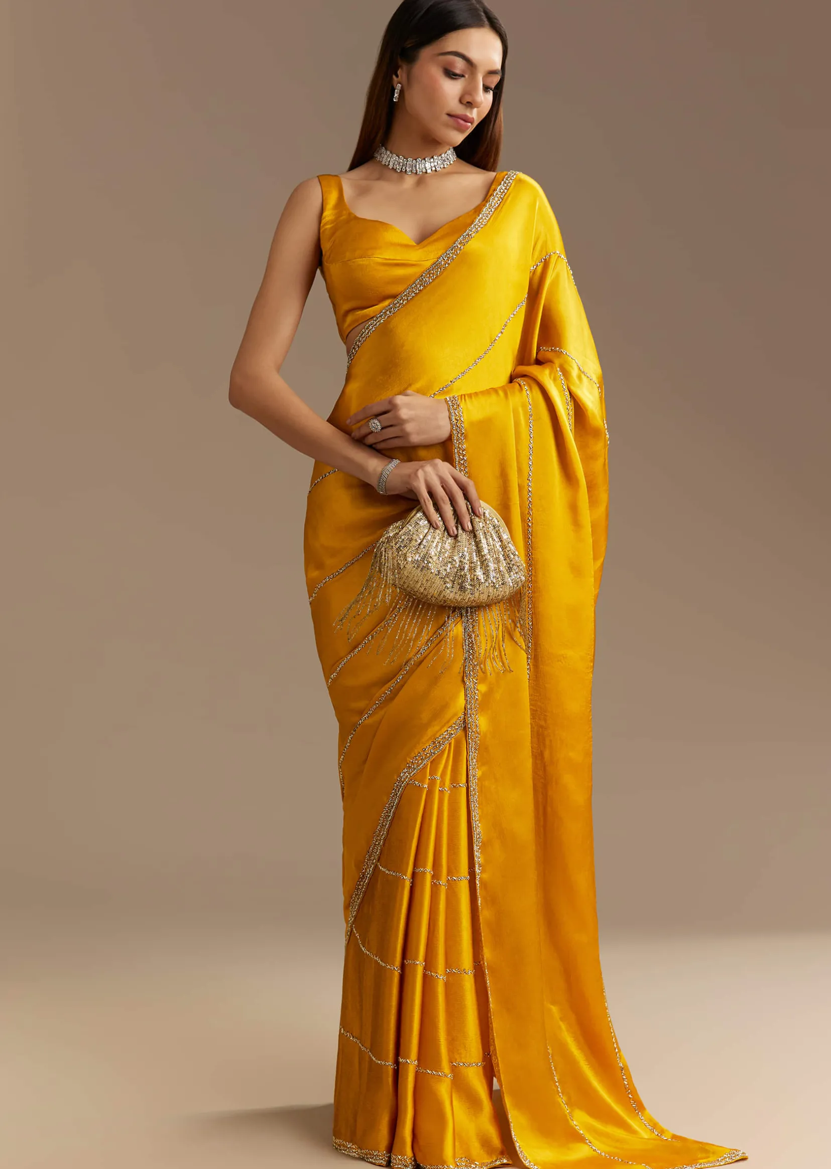 Yellow Chinon Saree With Cutdana Embroidery