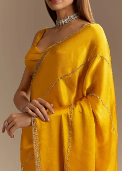 Yellow Chinon Saree With Cutdana Embroidery