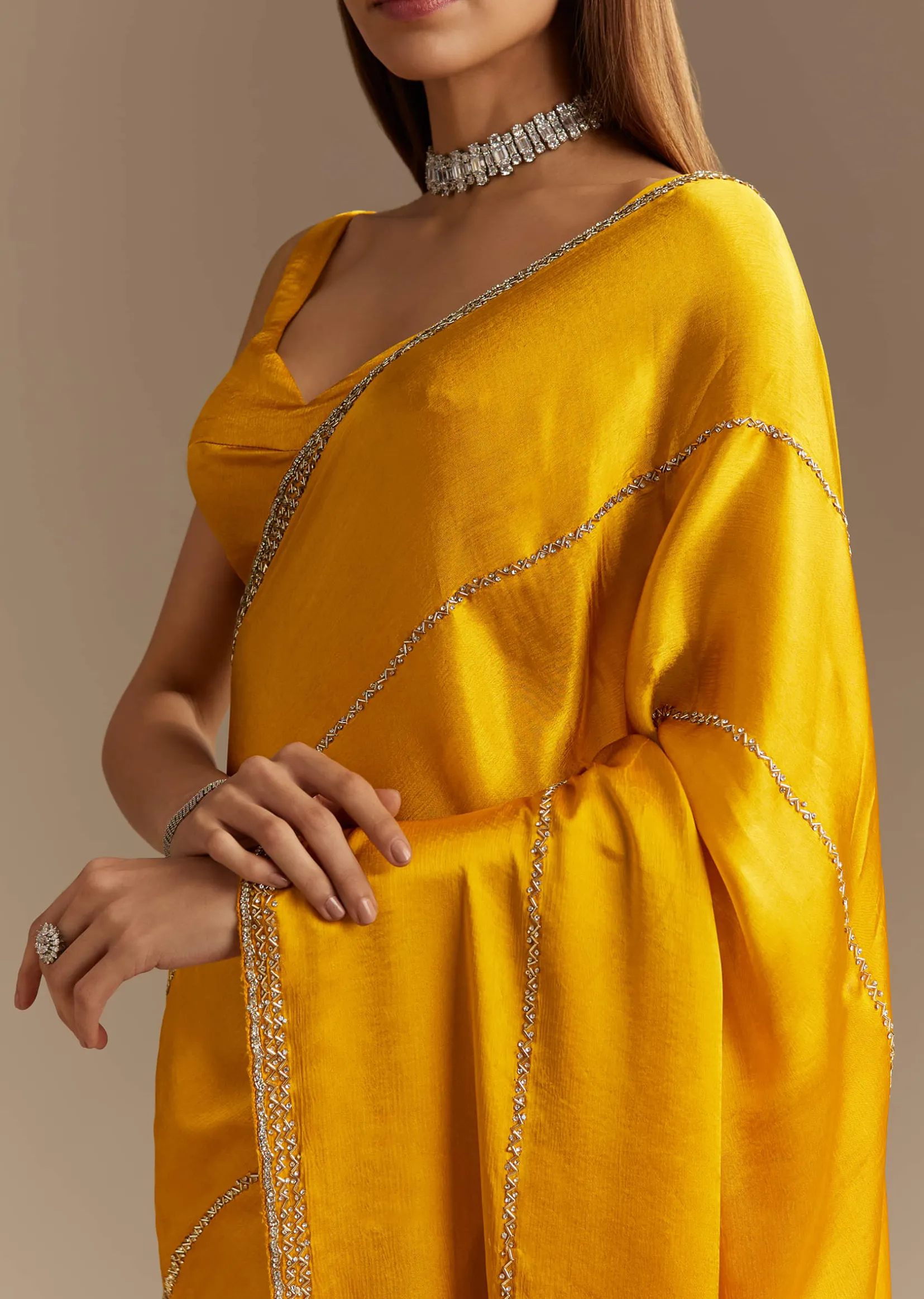Yellow Chinon Saree With Cutdana Embroidery