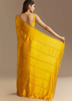 Yellow Chinon Saree With Cutdana Embroidery