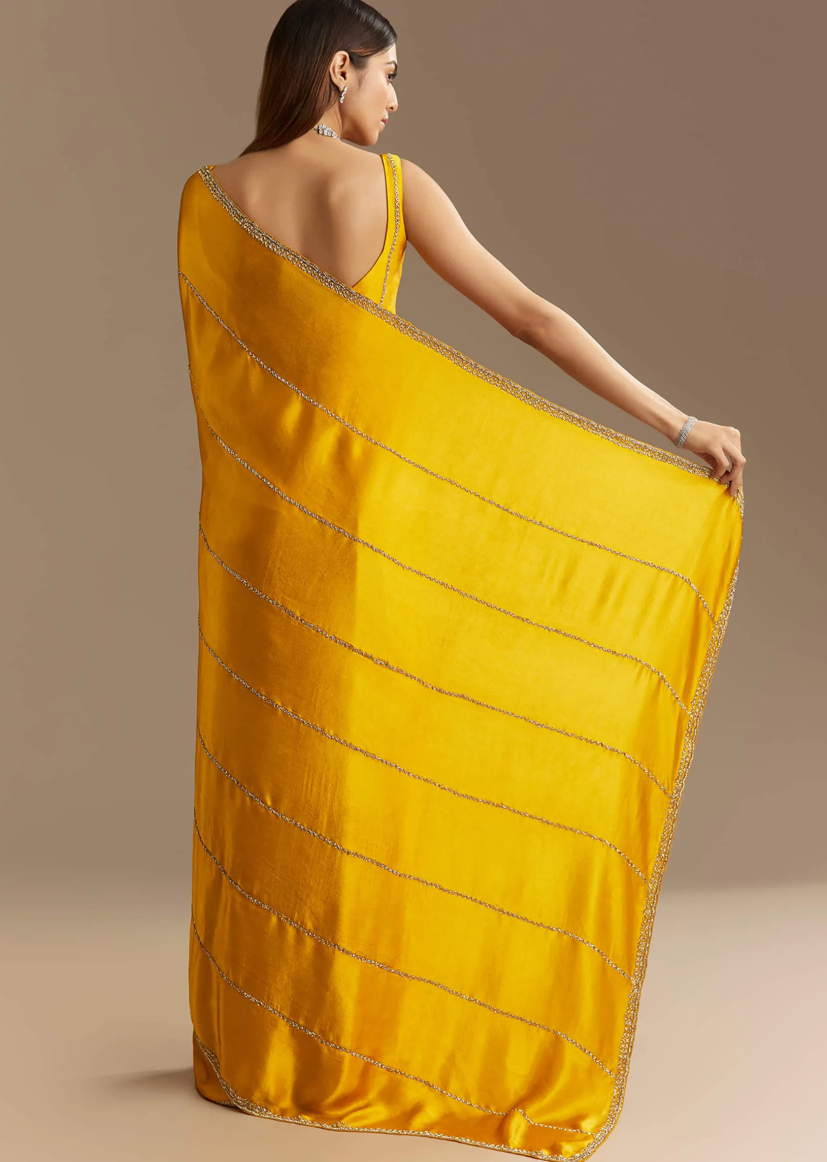 Yellow Chinon Saree With Cutdana Embroidery
