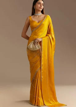 Yellow Chinon Saree With Cutdana Embroidery