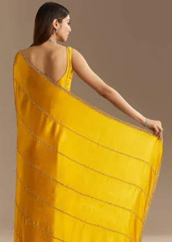 Yellow Chinon Saree With Cutdana Embroidery
