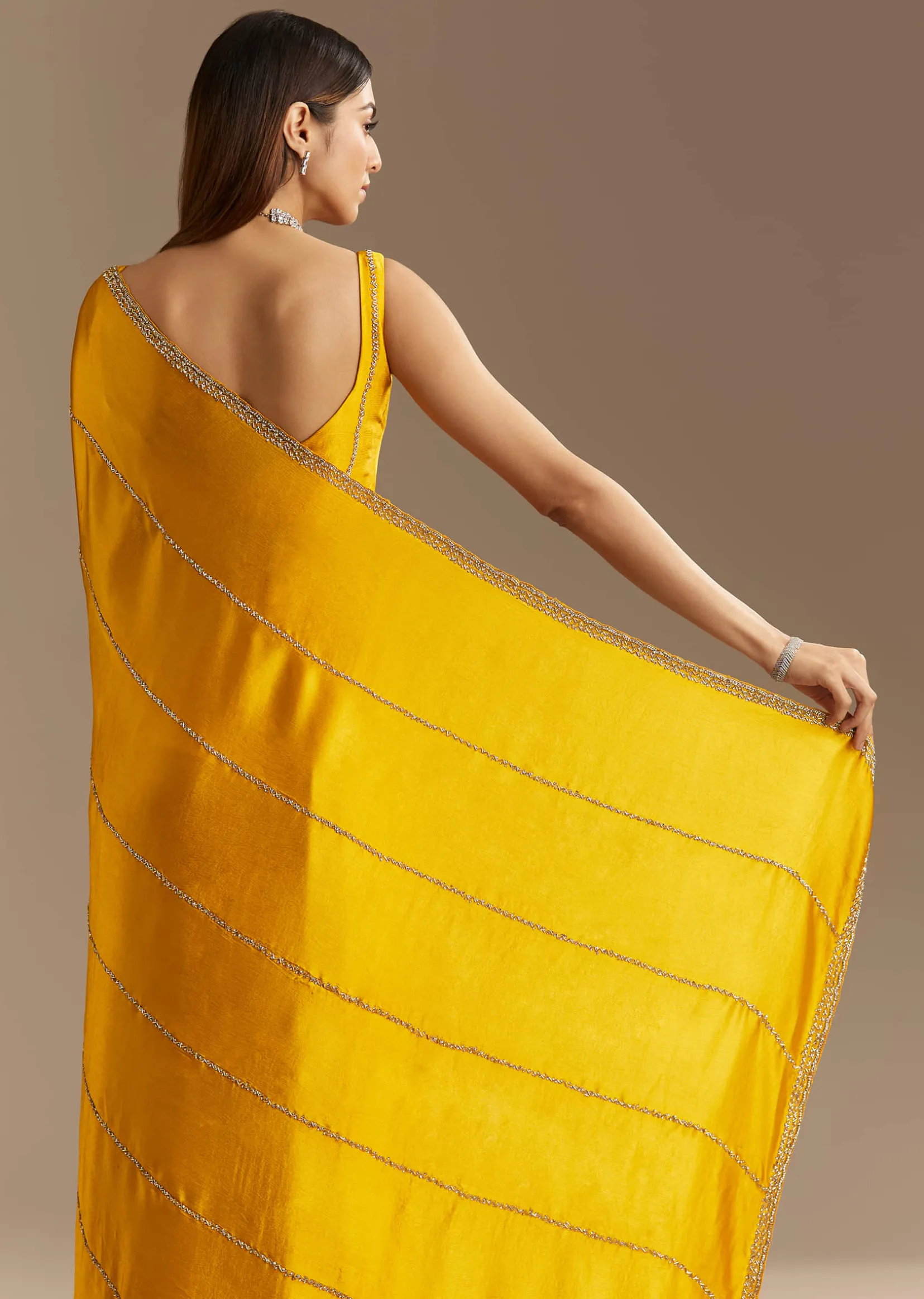 Yellow Chinon Saree With Cutdana Embroidery