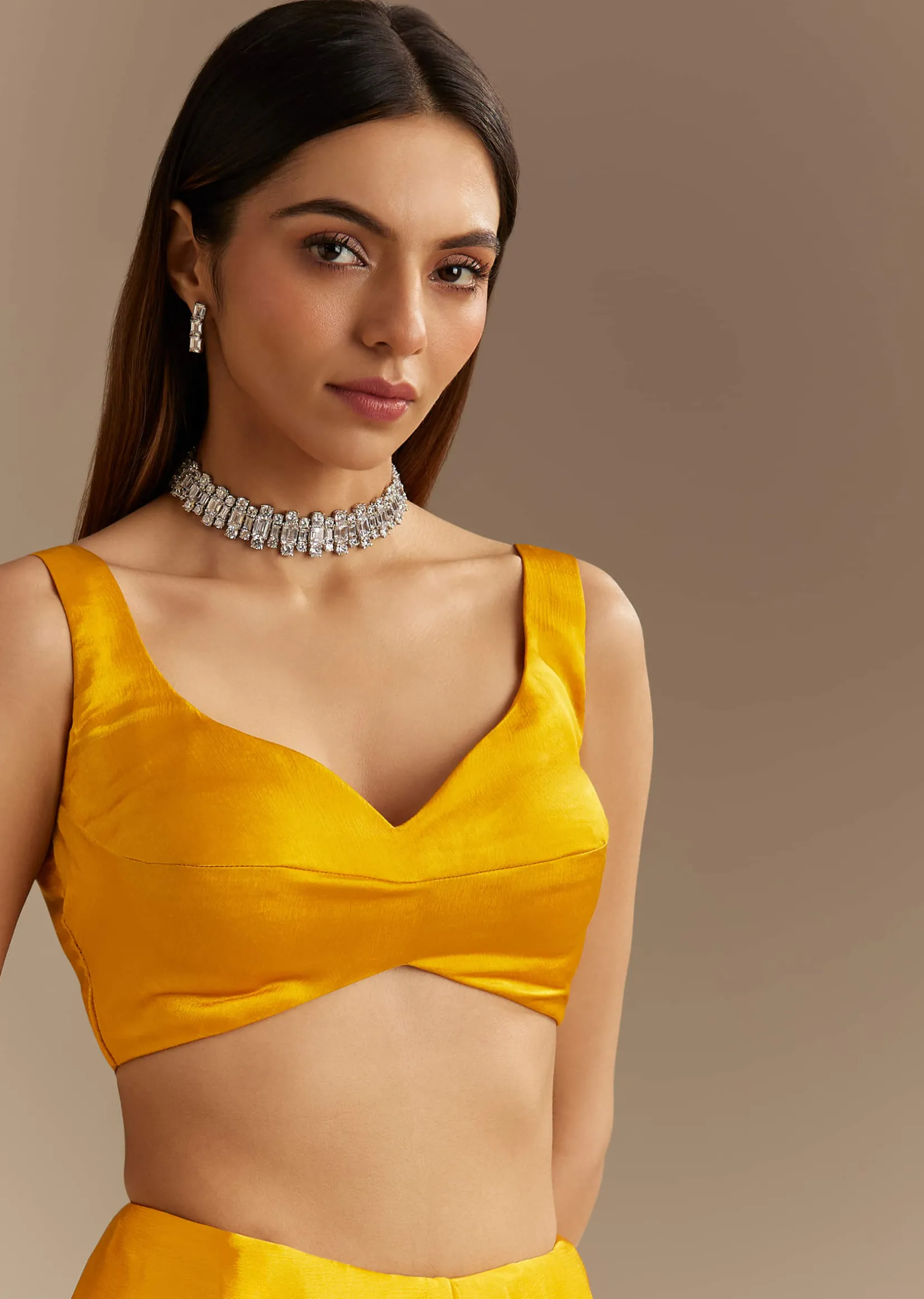 Yellow Chinon Saree With Cutdana Embroidery