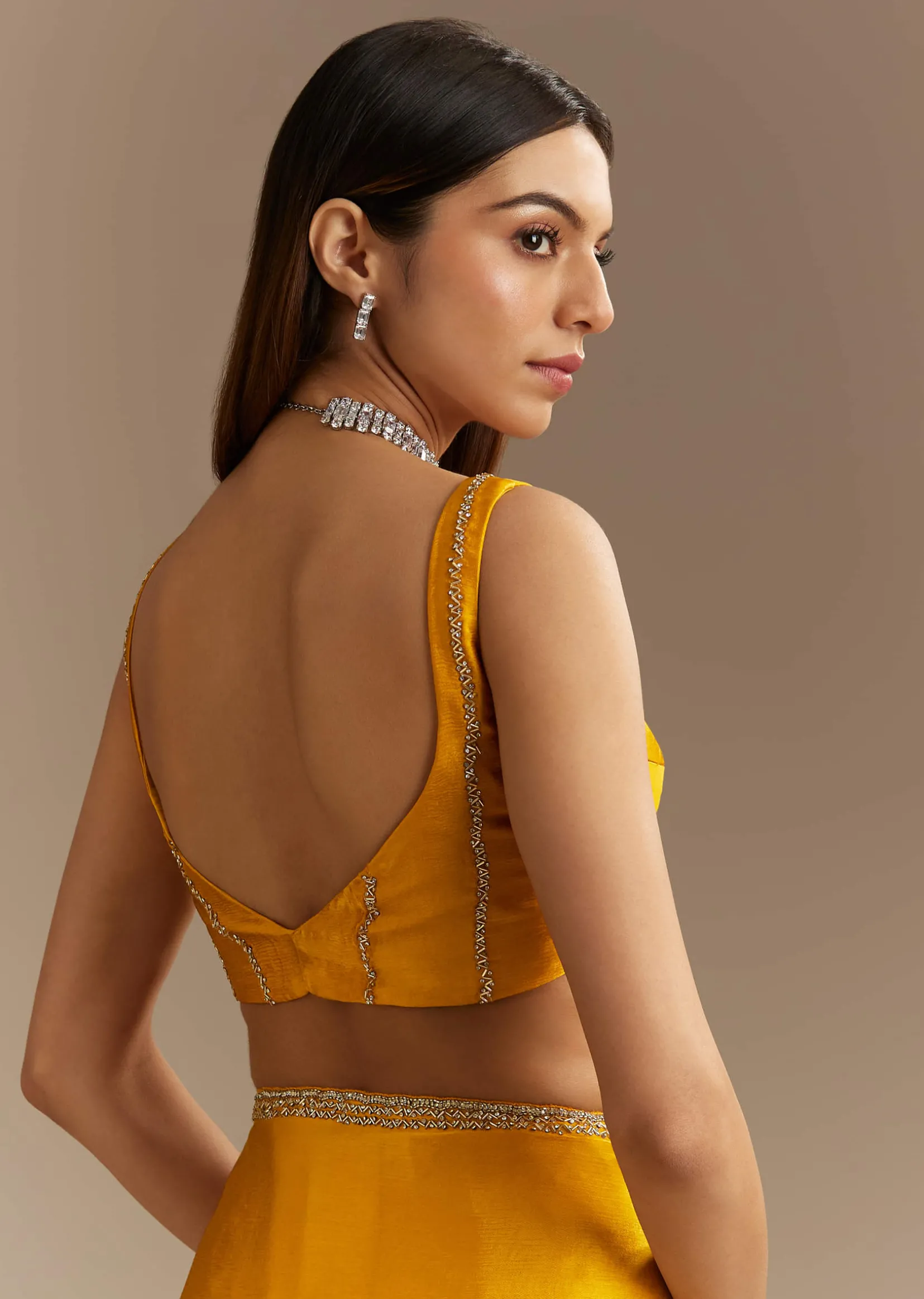 Yellow Chinon Saree With Cutdana Embroidery
