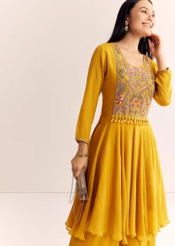 Yellow Chinon Zardosi Kurta Palazzo Suit