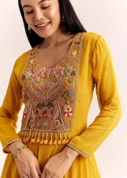 Yellow Chinon Zardosi Kurta Palazzo Suit