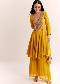 Yellow Chinon Zardosi Kurta Palazzo Suit