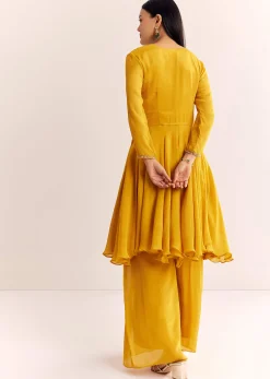 Yellow Chinon Zardosi Kurta Palazzo Suit