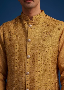 Yellow Cotton Linen Jacket With Stone And Thread Embroidery