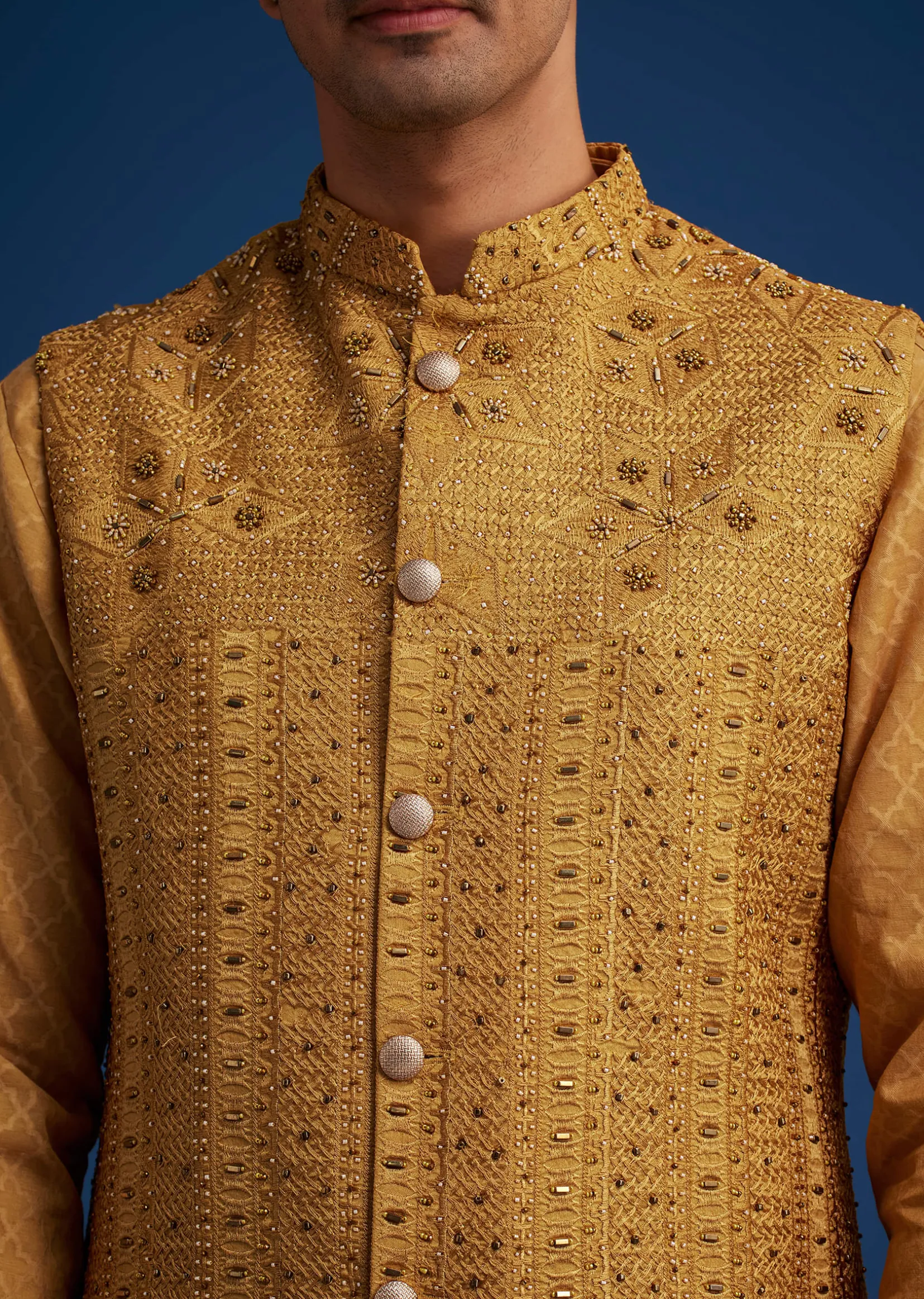 Yellow Cotton Linen Jacket With Stone And Thread Embroidery