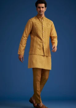 Yellow Cotton Linen Jacket With Stone And Thread Embroidery