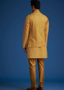 Yellow Cotton Linen Jacket With Stone And Thread Embroidery