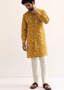 Yellow Cotton Silk Embroidered Kurta Set For Men