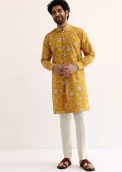 Yellow Cotton Silk Embroidered Kurta Set For Men
