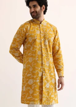 Yellow Cotton Silk Embroidered Kurta Set For Men