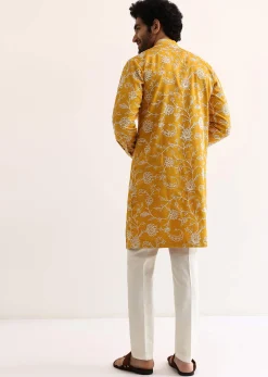 Yellow Cotton Silk Embroidered Kurta Set For Men