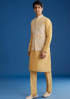Yellow Cotton Silk Jacket Kurta Set With Threadwork