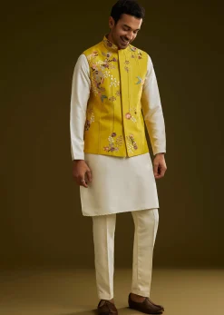 Yellow Cotton Silk Kurta Set With Floral Embroidered Jacket