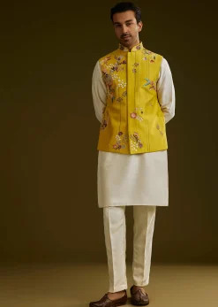 Yellow Cotton Silk Kurta Set With Floral Embroidered Jacket