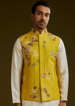 Yellow Cotton Silk Kurta Set With Floral Embroidered Jacket
