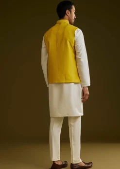 Yellow Cotton Silk Kurta Set With Floral Embroidered Jacket