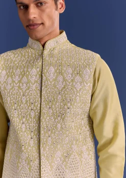 Yellow Cotton Silk Kurta Jacket Set With Mirror And Dori Work