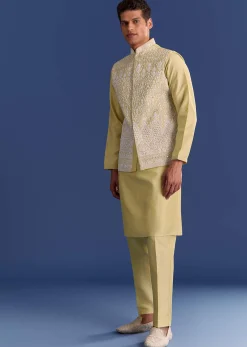 Yellow Cotton Silk Kurta Jacket Set With Mirror And Dori Work