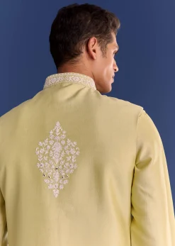 Yellow Cotton Silk Kurta Jacket Set With Mirror And Dori Work