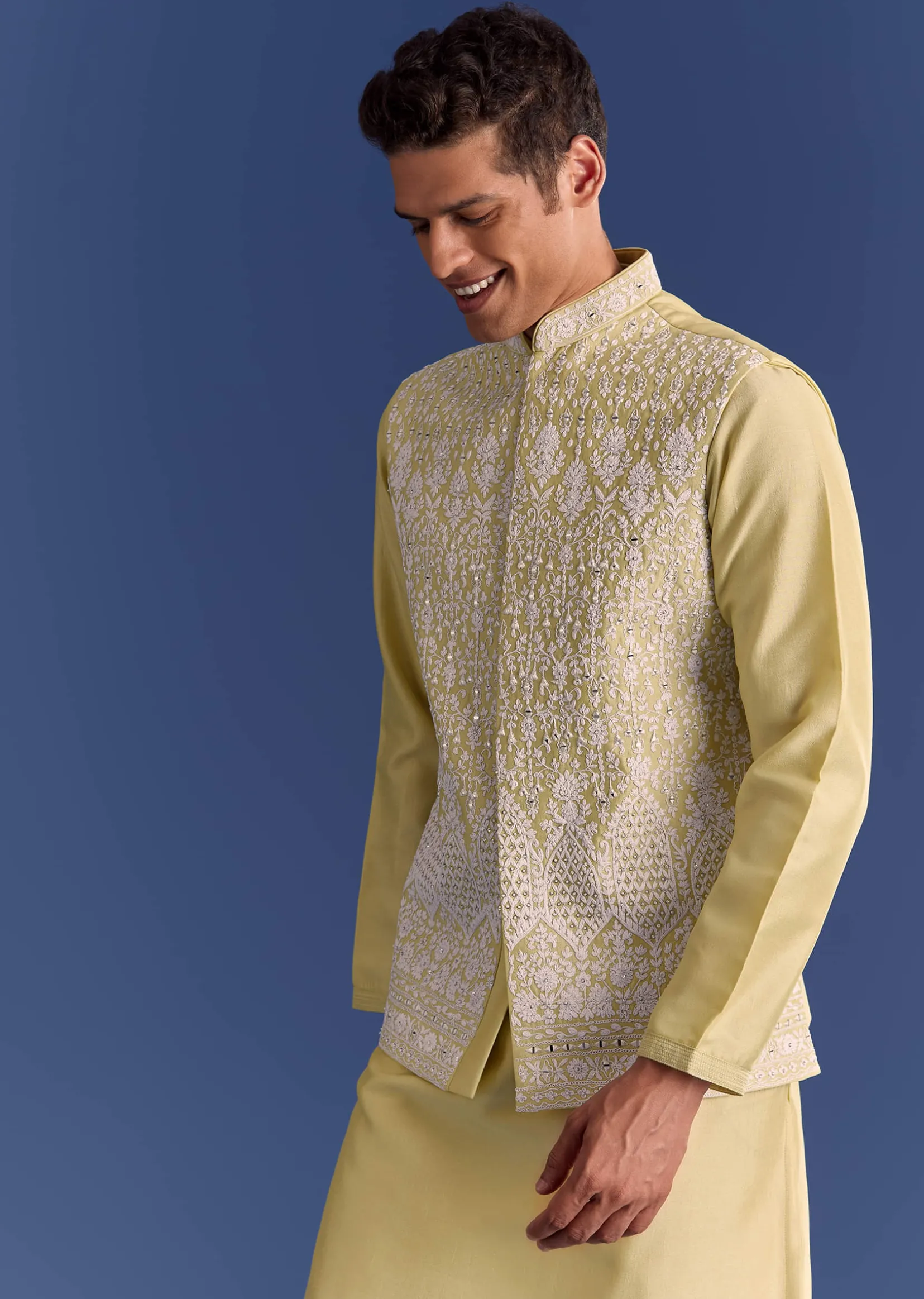 Yellow Cotton Silk Kurta Jacket Set With Mirror And Dori Work