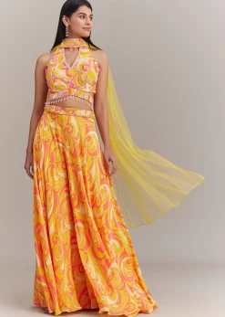 Yellow Crepe Abstract Printed Embroidered Palazzo Set