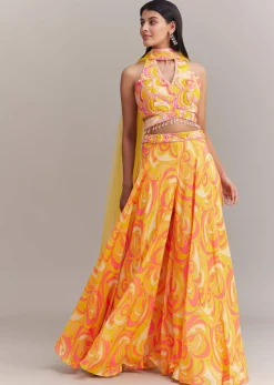 Yellow Crepe Abstract Printed Embroidered Palazzo Set